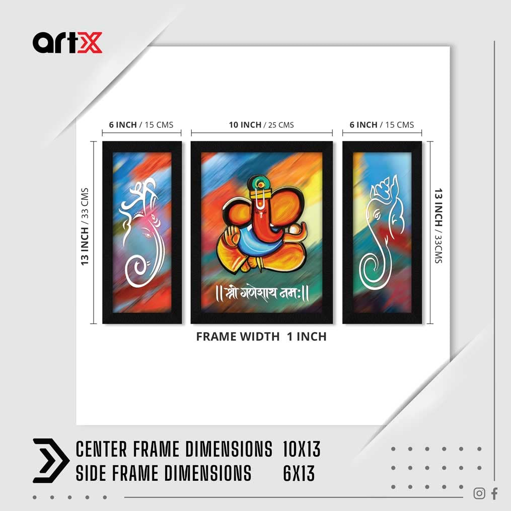 ArtX Paper God Ganesha Wall Art Painting Photo Frame, Multicolor, Traditional, 13 X 22 in, Set of 3